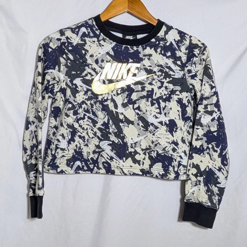 Girls Youth Nike Cropped ‎ Crewneck Sweatshirt, Blue, Cream, Gold Swoosh, Sz L